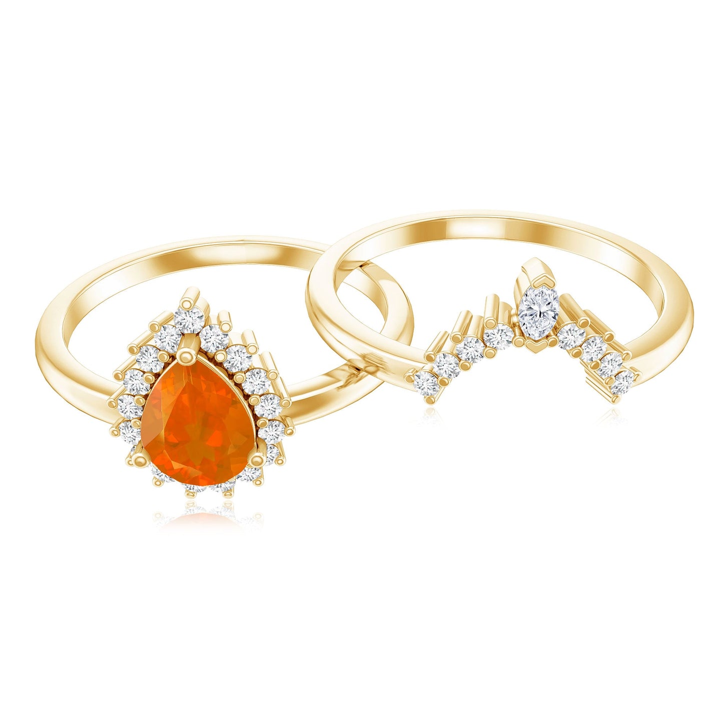 Real 0.6 Carat Fire Opal Teardrop Wedding Ring Set with Diamond Halo
