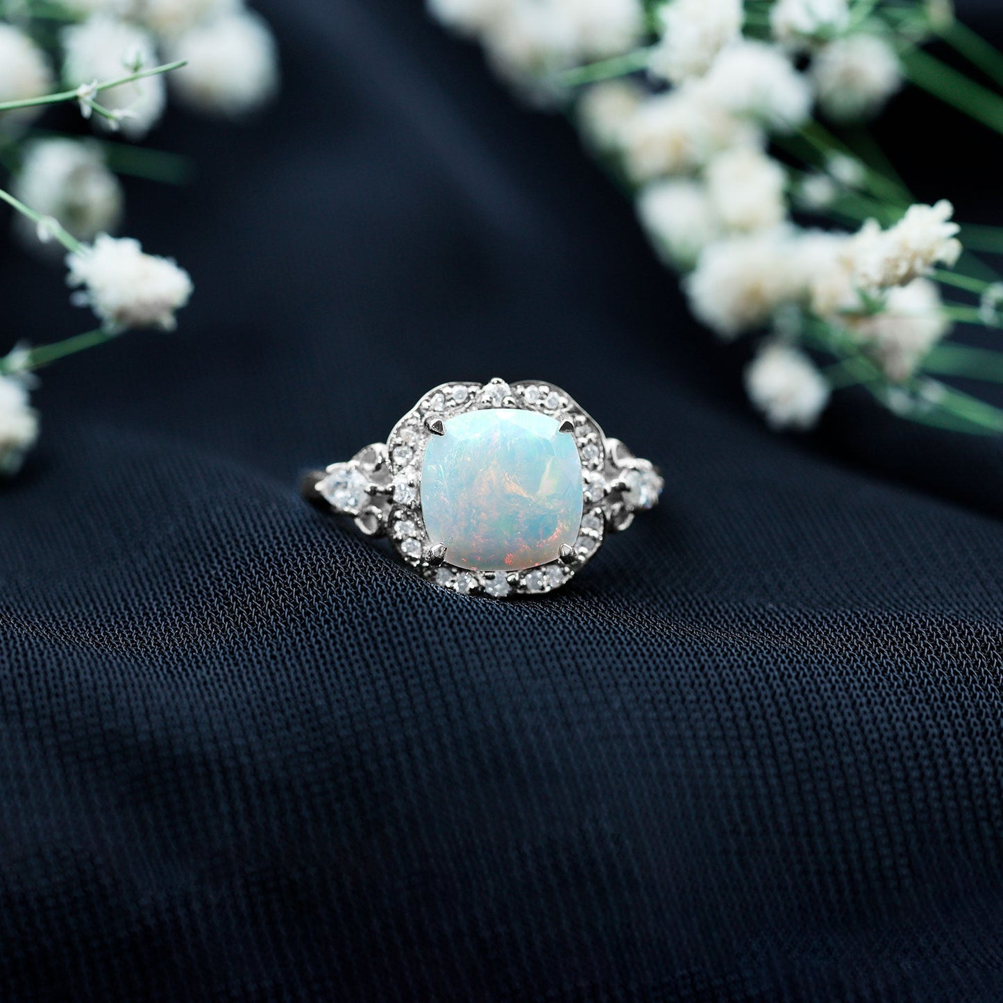 Real Cushion Cut Ethiopian Opal Antique Looking Engagement Ring with Diamond