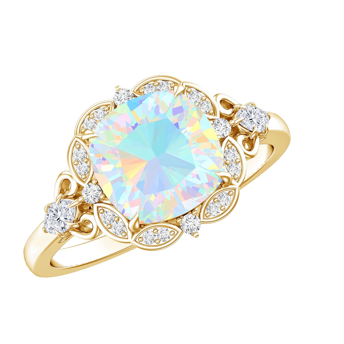 Real Cushion Cut Ethiopian Opal Antique Looking Engagement Ring with Diamond