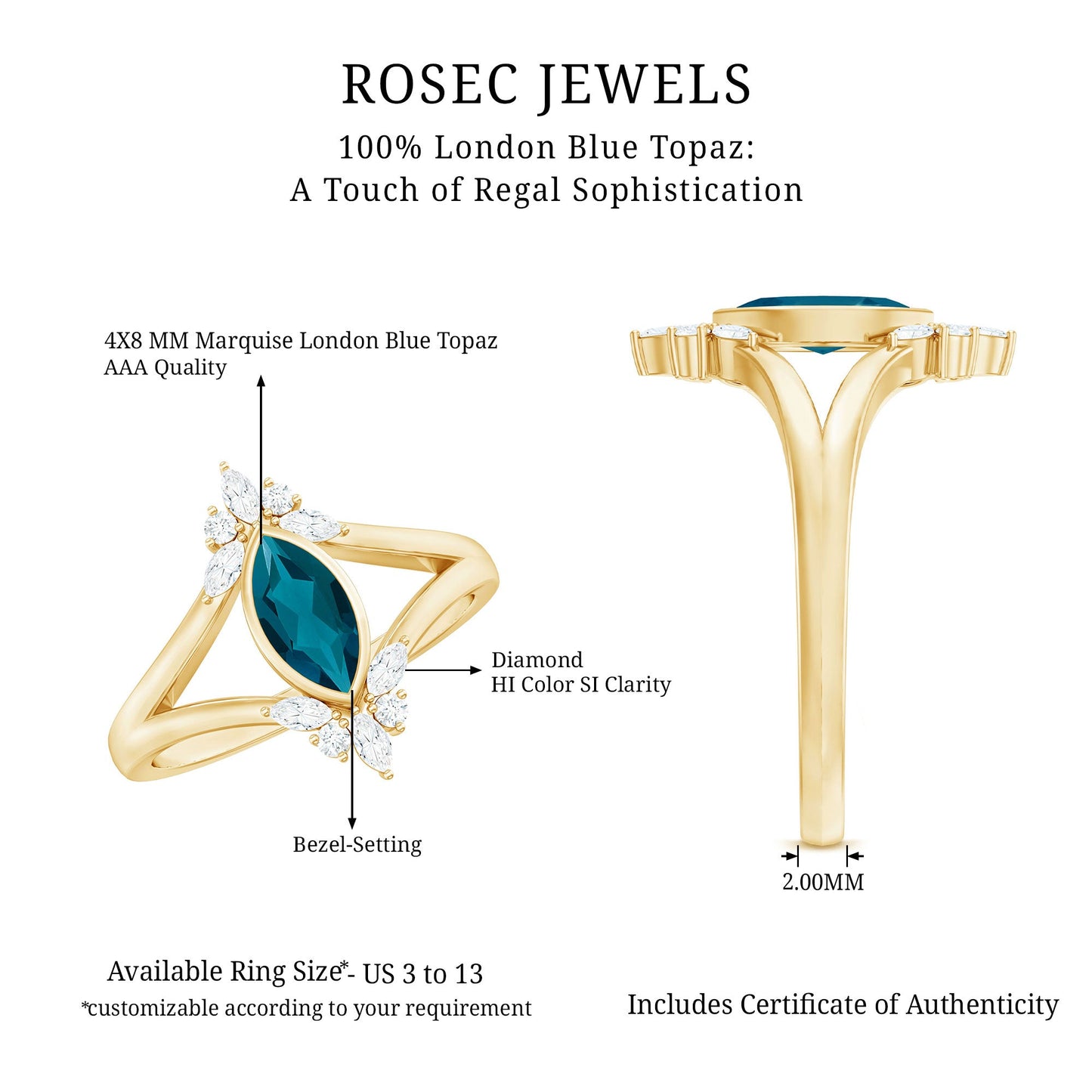 0.7 Carat Marquise Cut London Blue Topaz Cocktail Ring with Diamond