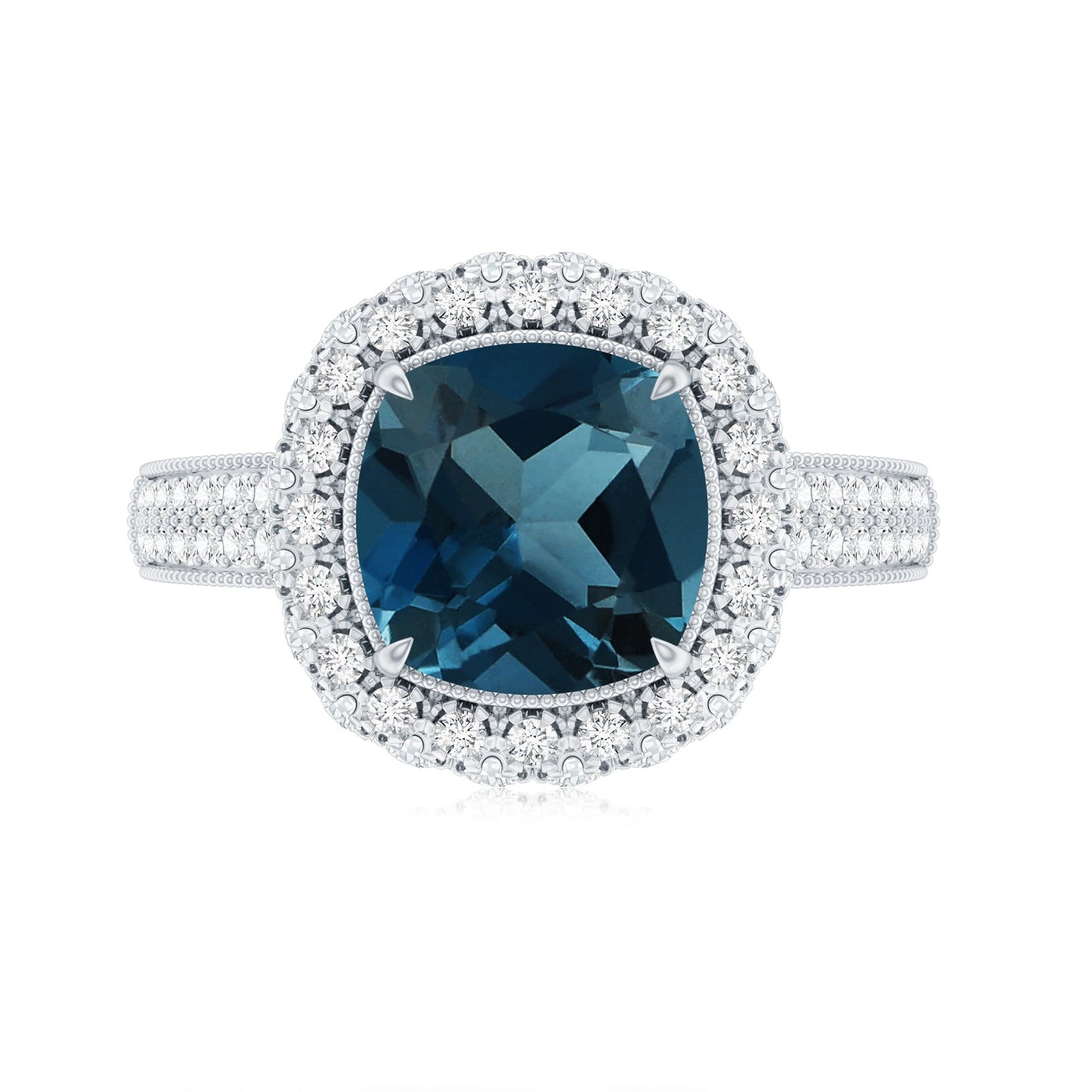 Vintage Inspired London Blue Topaz Designer Engagement Ring with Moissanite