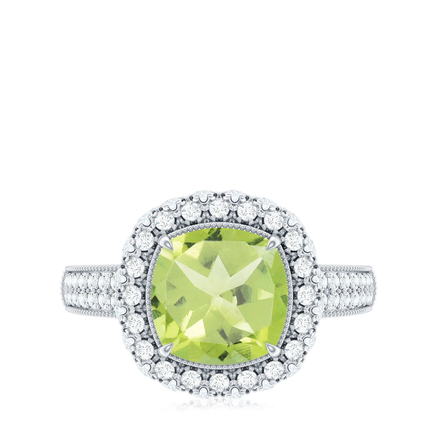 Antique Style 2 Carat Cushion Cut Peridot Engagement Ring with Moissanite Halo