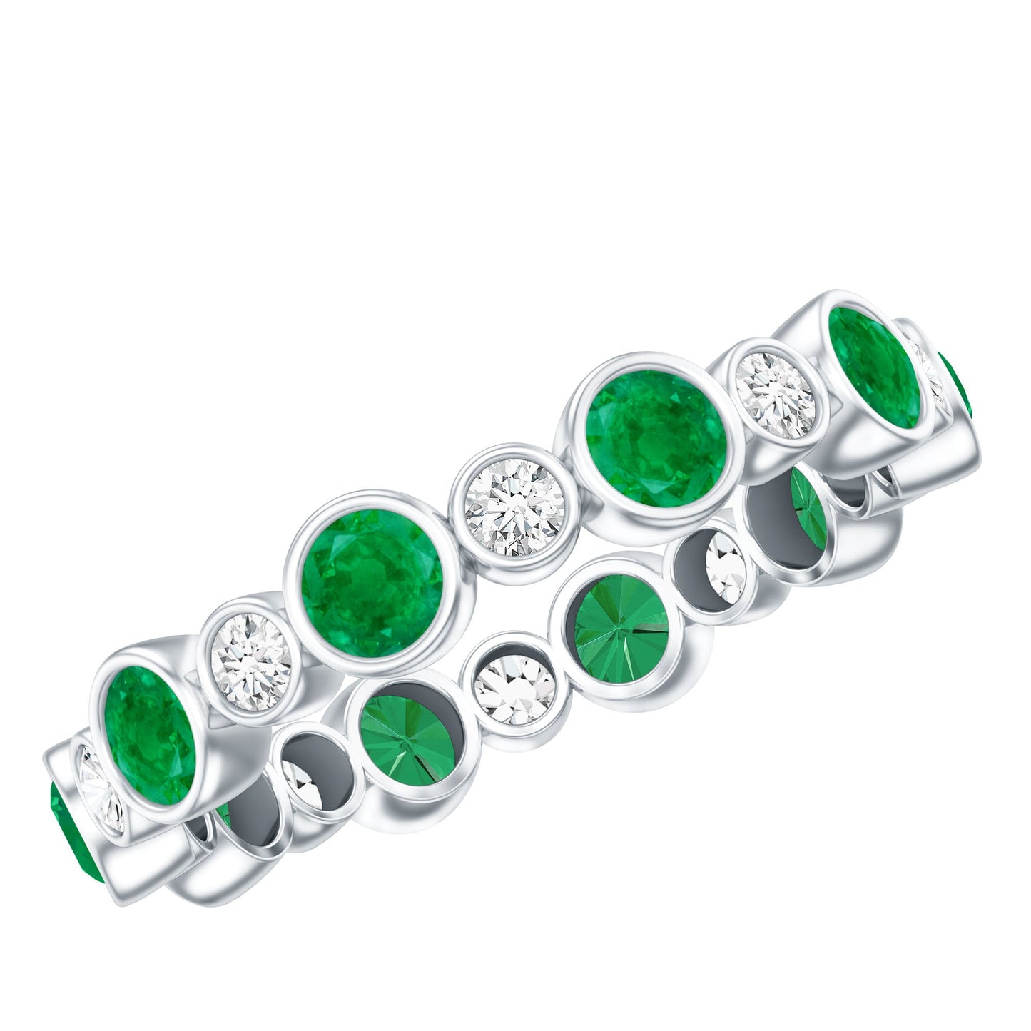 Bezel Set Round Emerald and Diamond Eternity Wedding Band