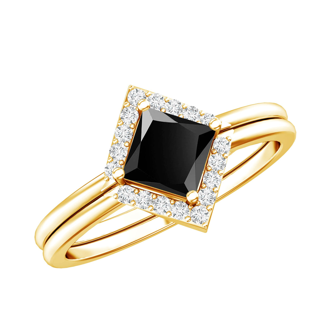 Real Black Onyx and Diamond Princess Cut Engagement Ring With Ring Guard