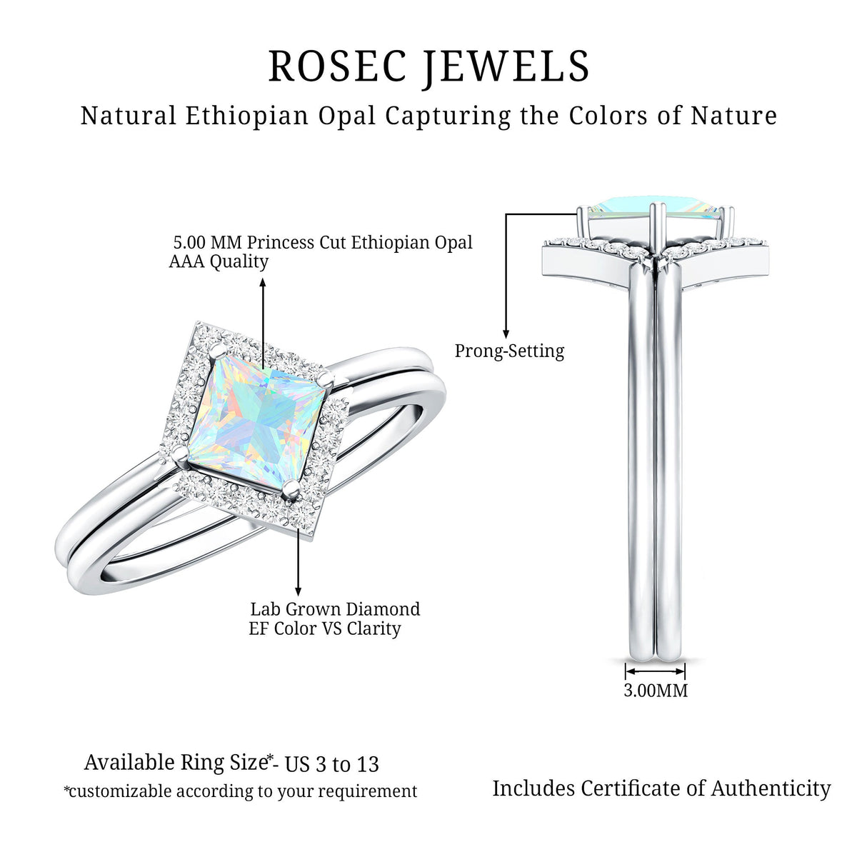 Natural Princess Cut Ethiopian Opal Engagement Ring with Diamond Enhancer