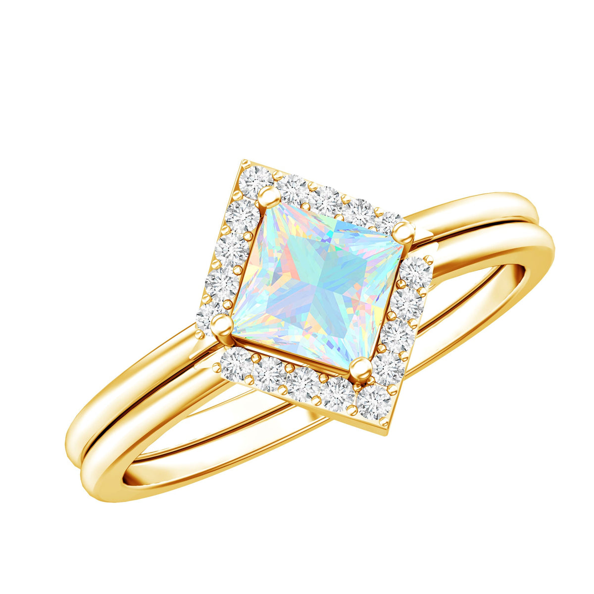 Natural Princess Cut Ethiopian Opal Engagement Ring with Diamond Enhancer