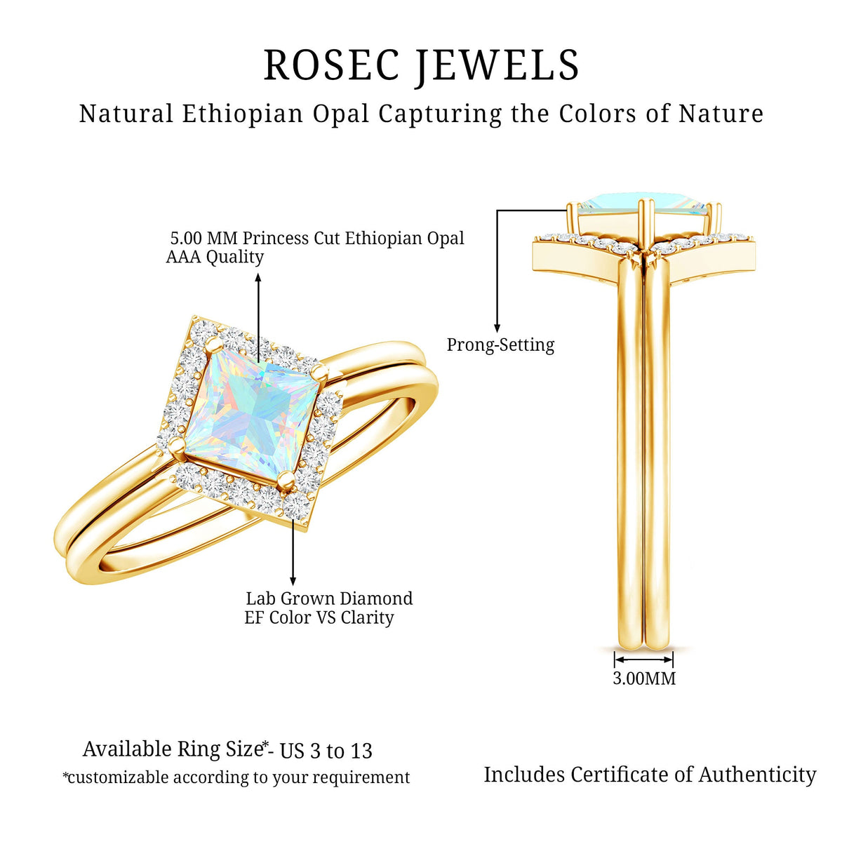 Natural Princess Cut Ethiopian Opal Engagement Ring with Diamond Enhancer