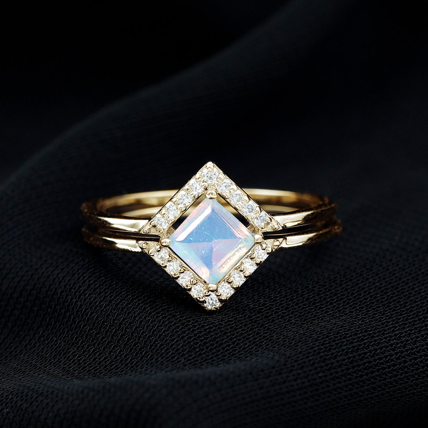 Natural Princess Cut Ethiopian Opal Engagement Ring with Diamond Enhancer