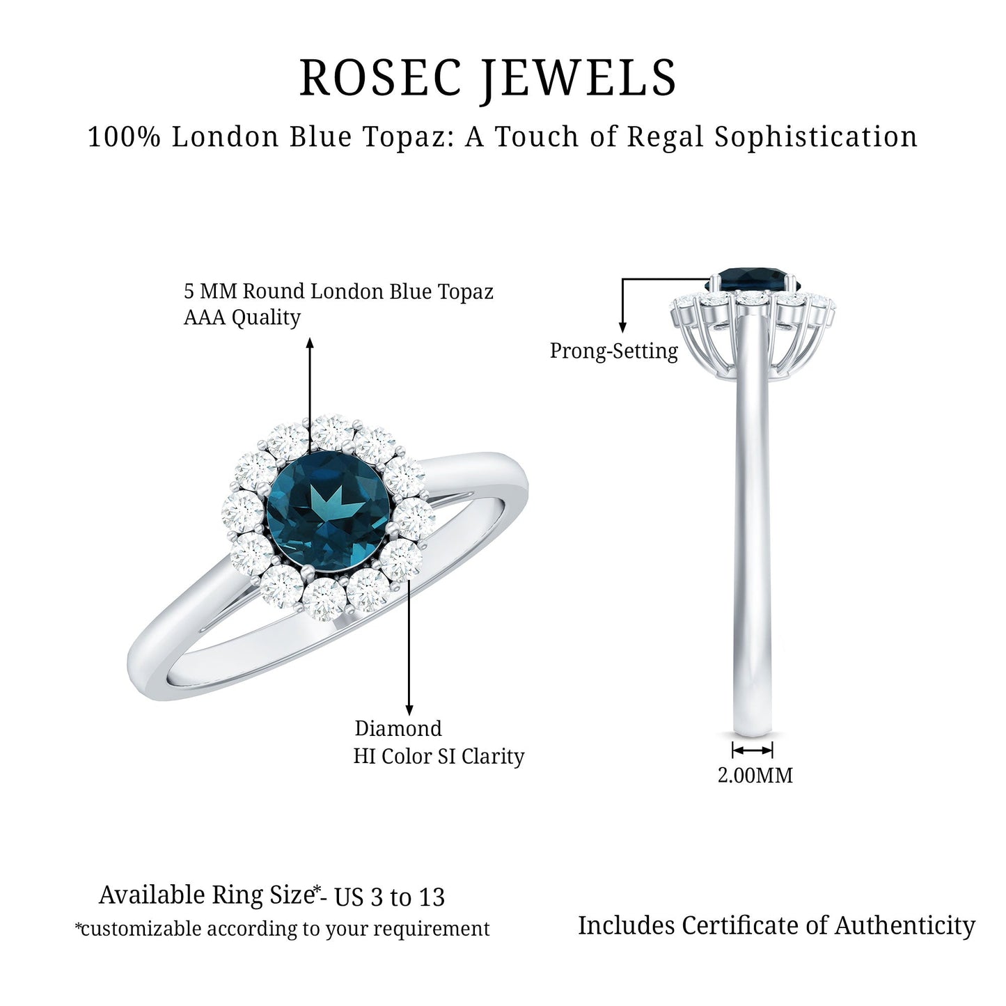 Certified London Blue Topaz and Diamond Halo Engagement Ring