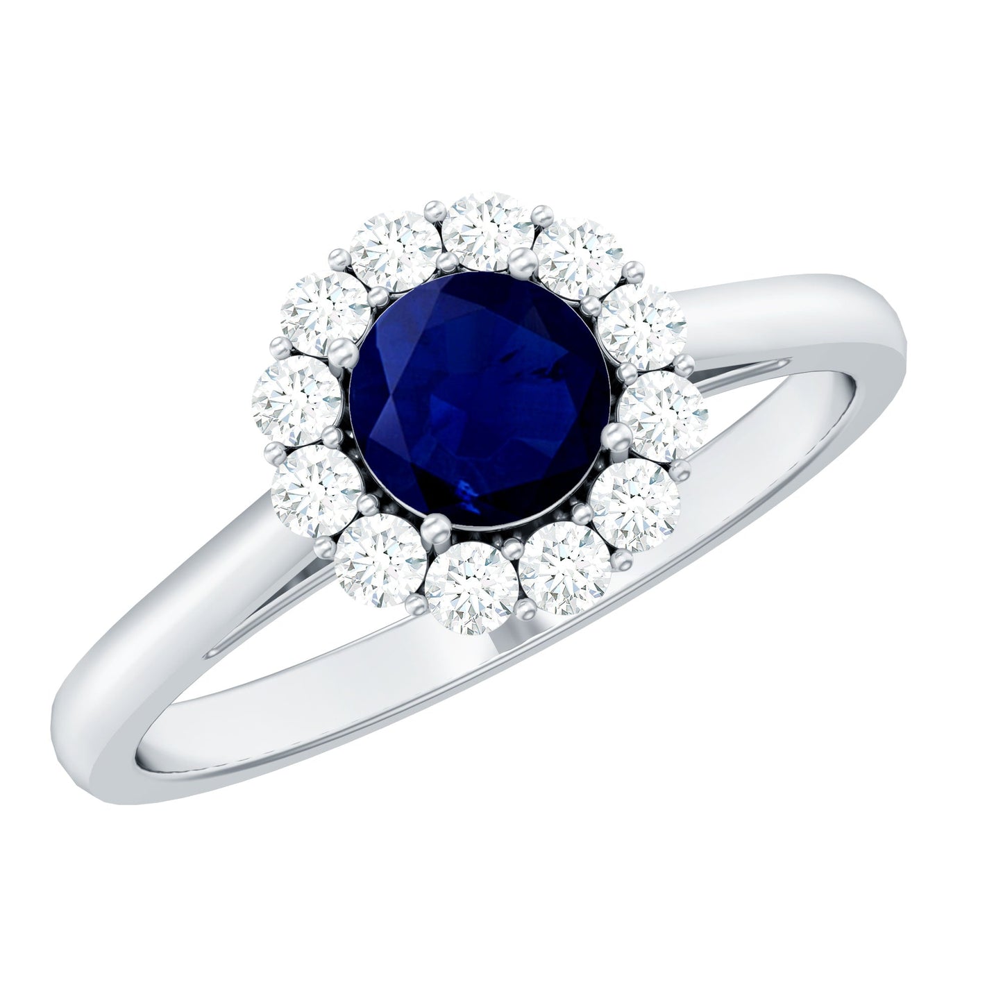 Genuine 0.9 Carat Blue Sapphire and Diamond Round Halo Engagement Ring