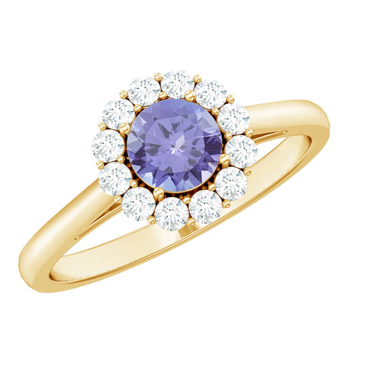 Genuine Tanzanite Classic Engagement Ring with Diamond Halo