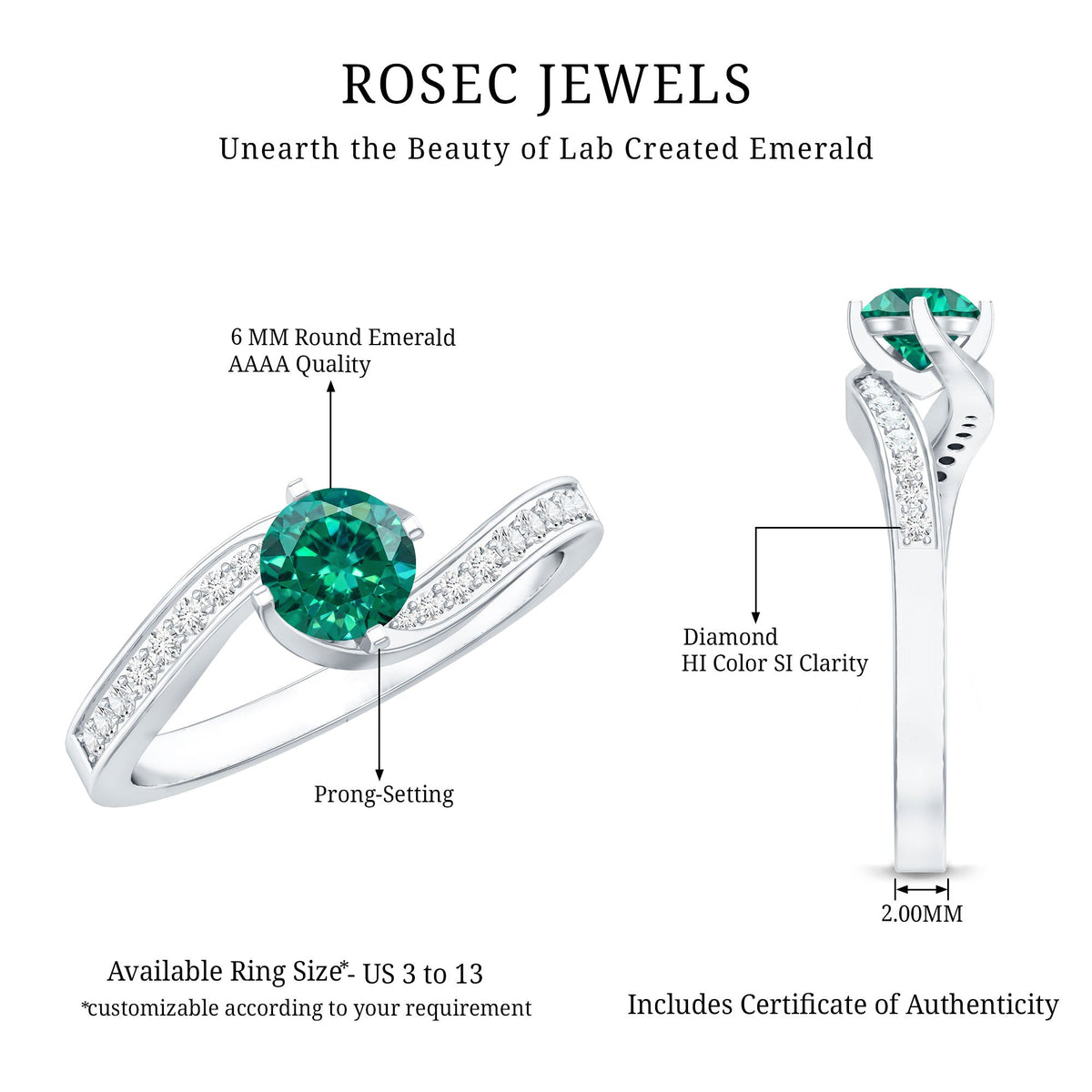 Certified 0.8 Carat Lab Grown Emerald Diamond Bypass Engagement Ring