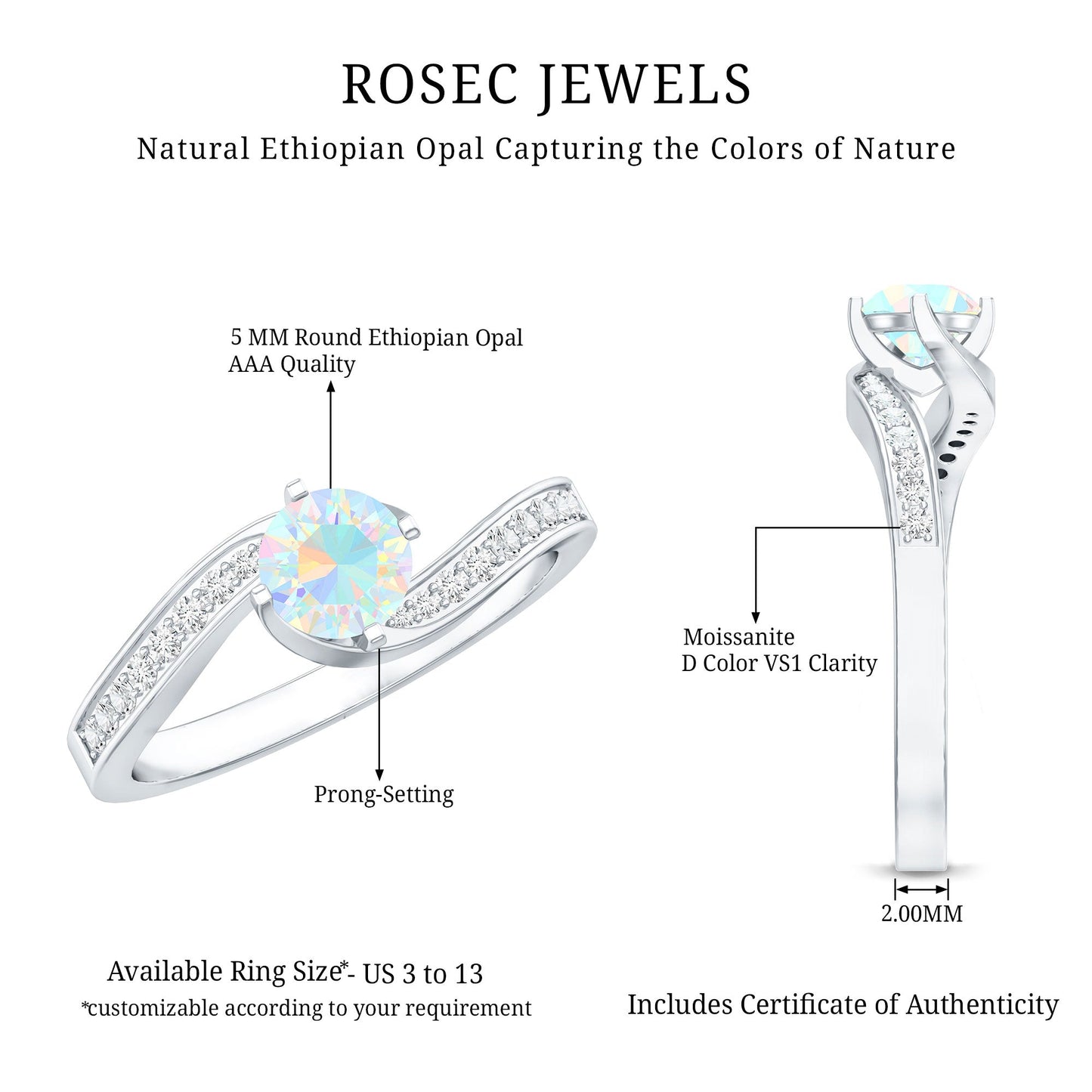 Natural Certified Ethiopian Opal Solitaire Promise Ring with Bypass Shank