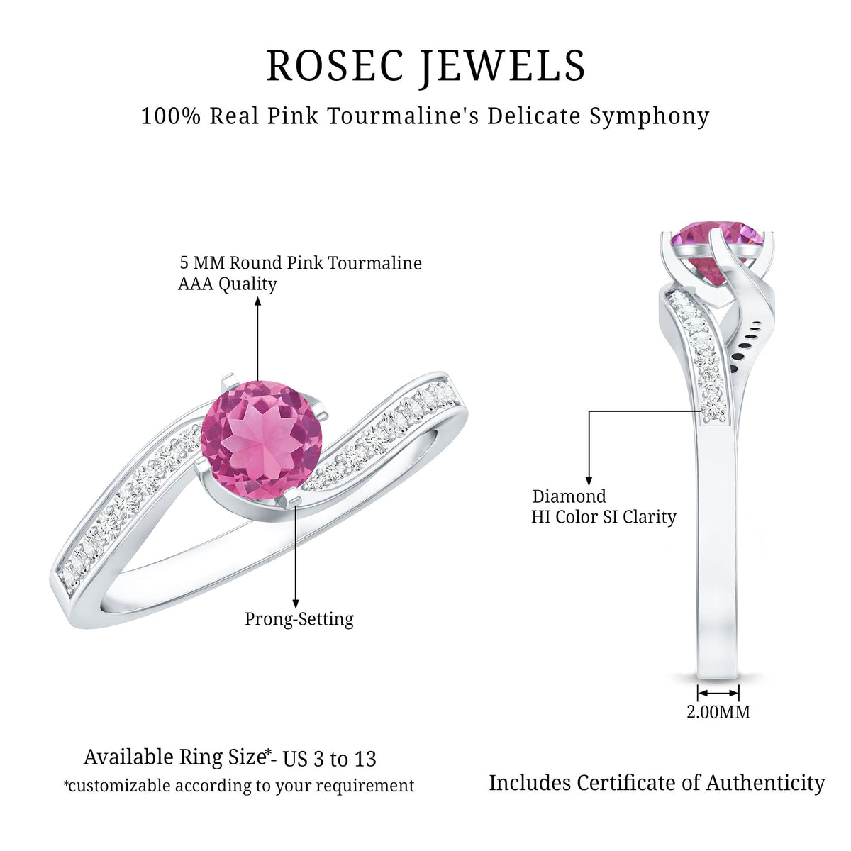 Pink Tourmaline Solitaire Bypass Ring with Diamond