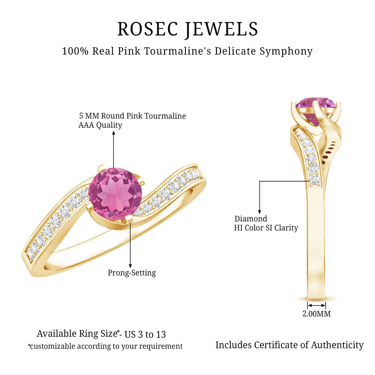 Pink Tourmaline Solitaire Bypass Ring with Diamond