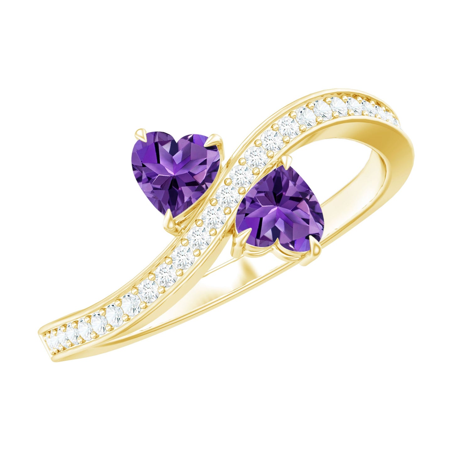 Natural Heart Shape Amethyst Toi Et Moi Engagement Ring with Diamond