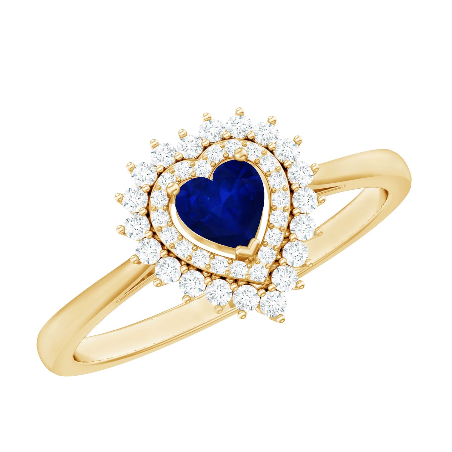 Real 0.6 Carat Heart Shaped Blue Sapphire and Diamond Double Halo Engagement Ring