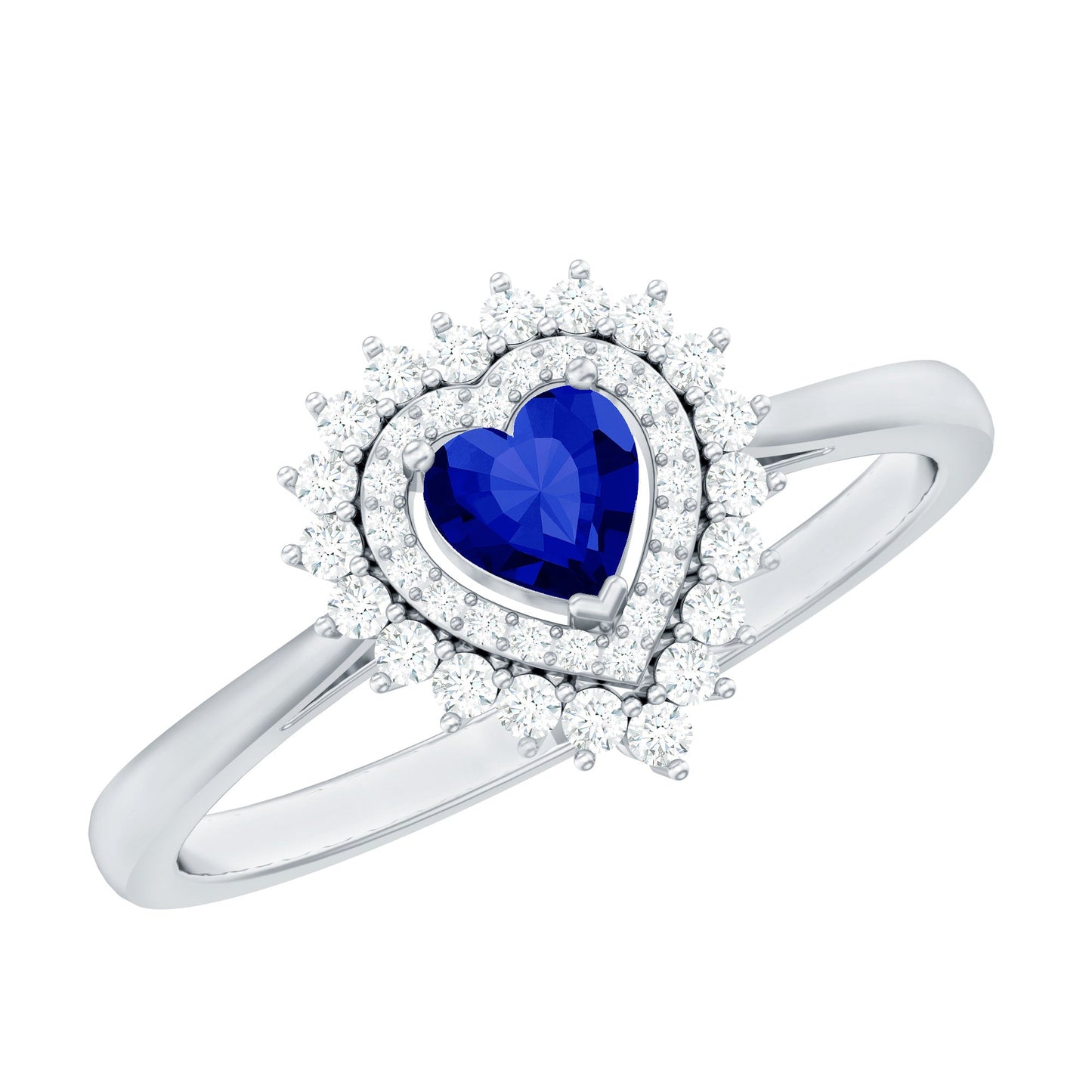 Certified Lab Grown Blue Sapphire Heart Engagement Ring with Diamond Double Halo