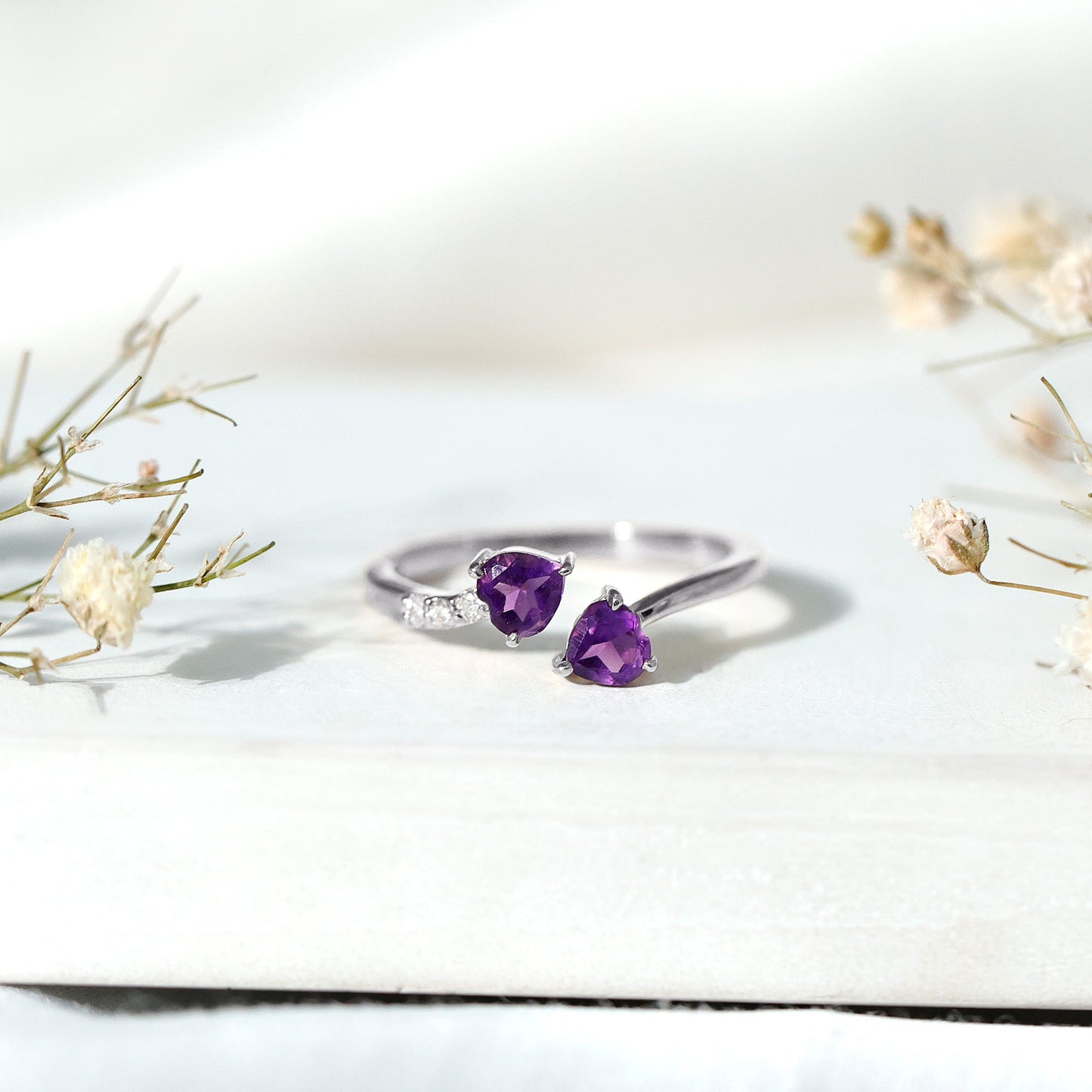 Natural Amethyst 2 Stone Heart Promise Ring with Diamond