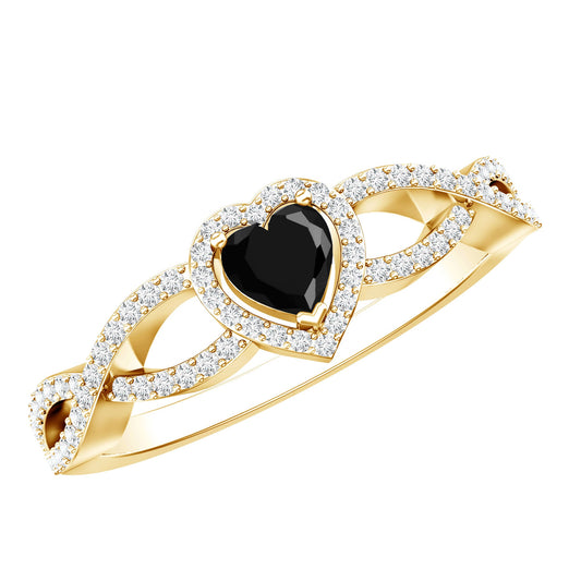 0.6 Carat Lab Grown Black and White Diamond Heart Engagement Ring with Crossover Shank
