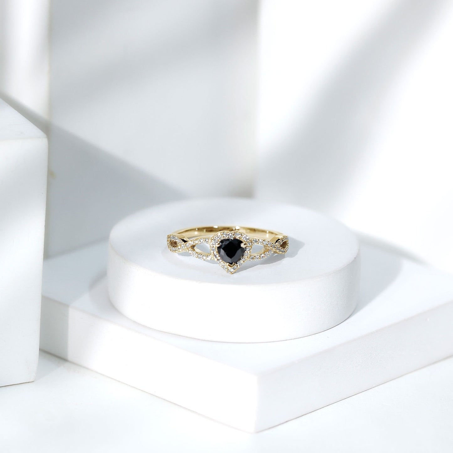0.6 Carat Lab Grown Black and White Diamond Heart Engagement Ring with Crossover Shank