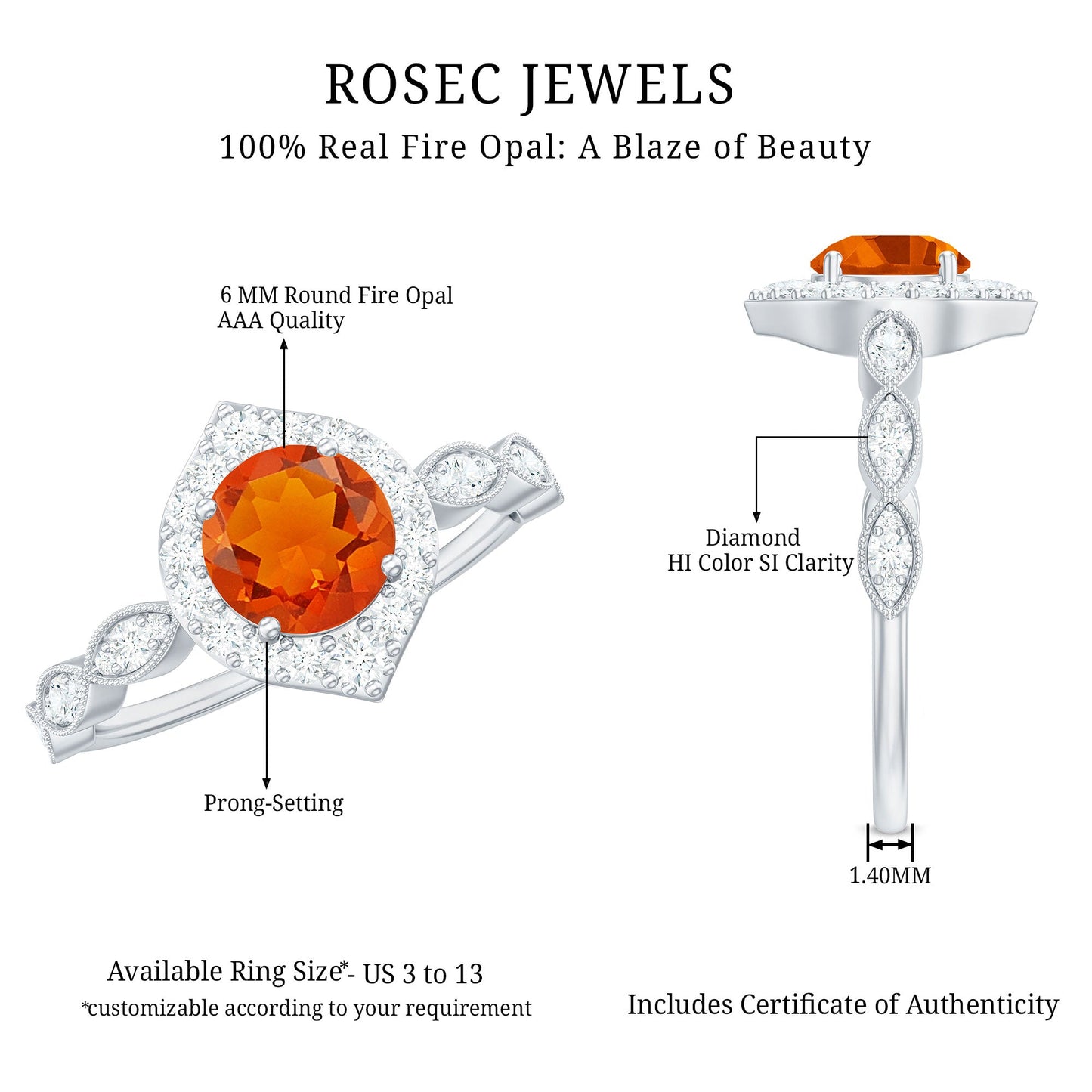 Vintage Style Fire Opal Engagement Ring with Diamond Accent