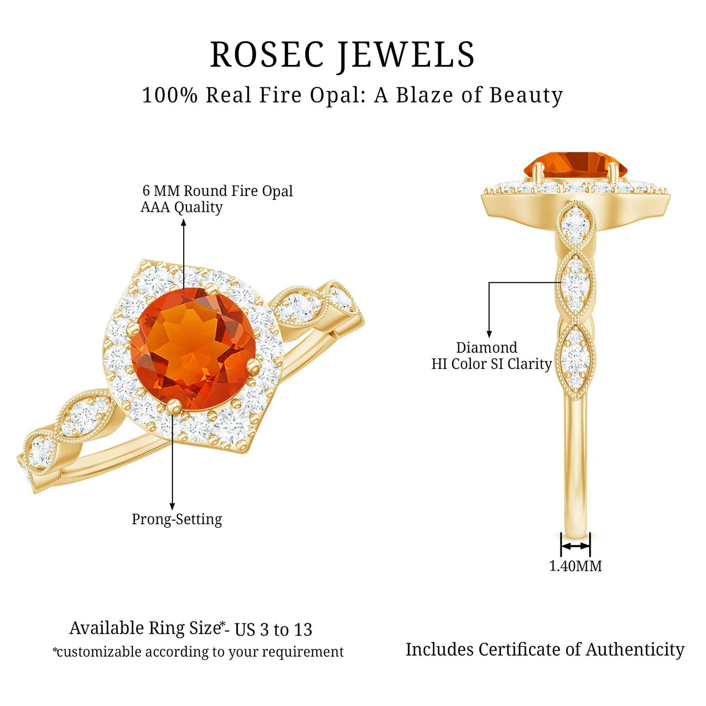 Vintage Style Fire Opal Engagement Ring with Diamond Accent