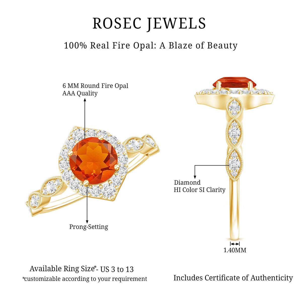 Vintage Style Fire Opal Engagement Ring with Diamond Accent