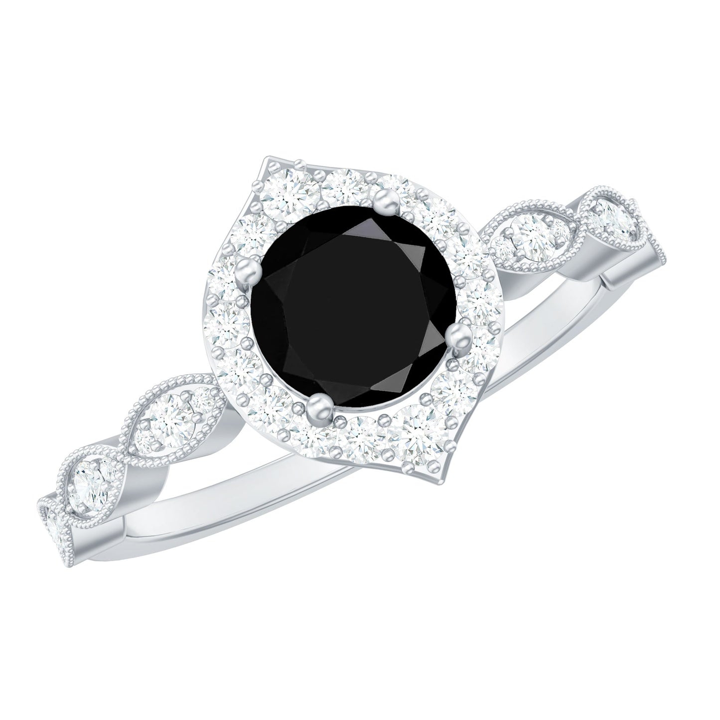 Vintage Black Spinel Engagement Ring with Diamond Halo