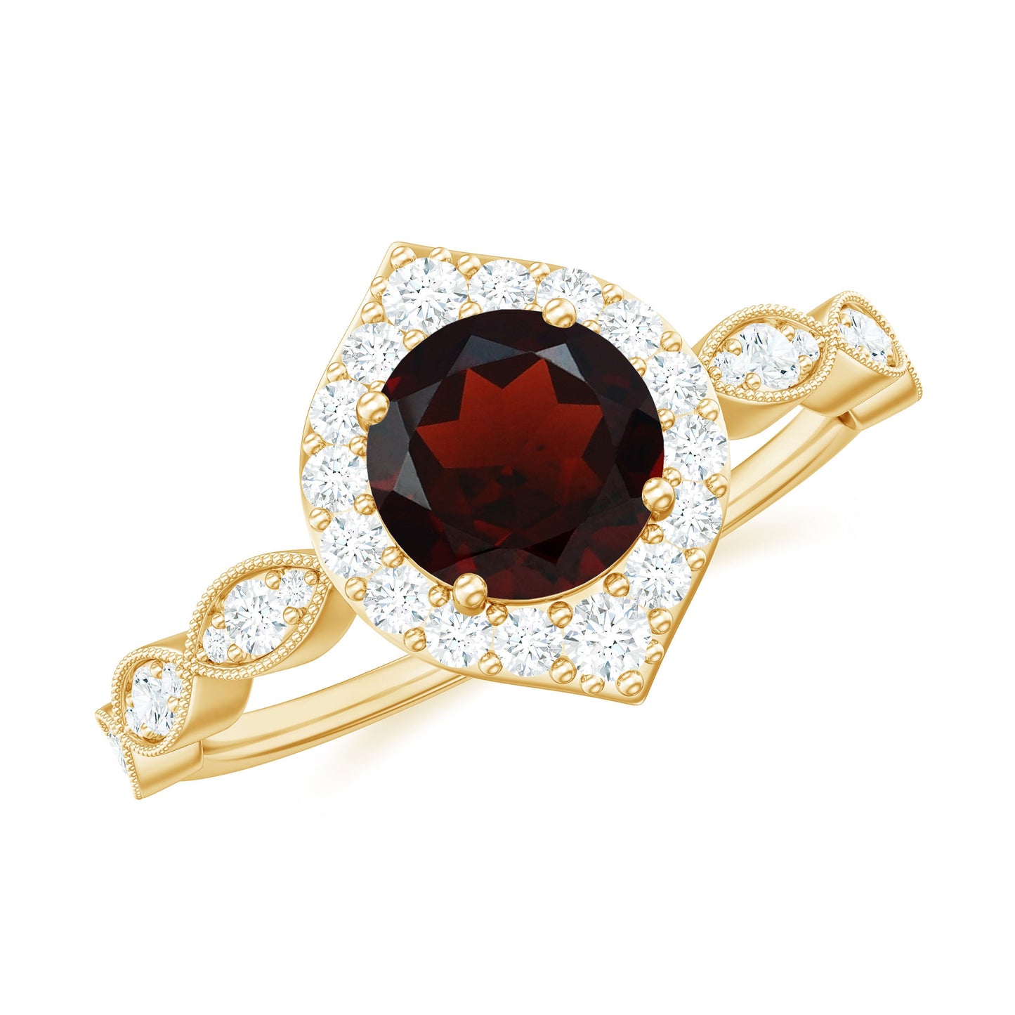 Vintage Looking Garnet Engagement Ring with Diamond Halo