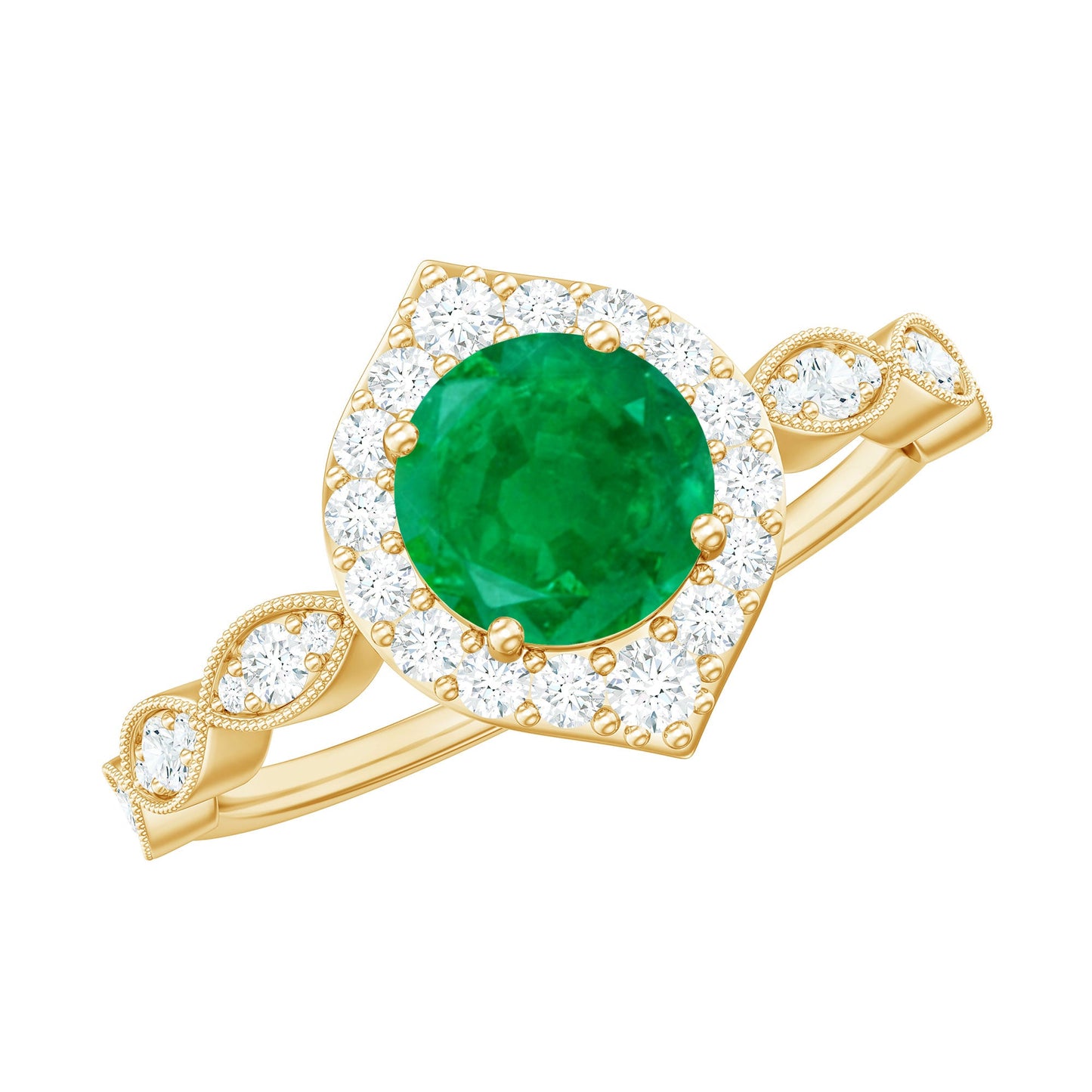 Natural Emerald Vintage Looking Engagement Ring with Diamond Halo