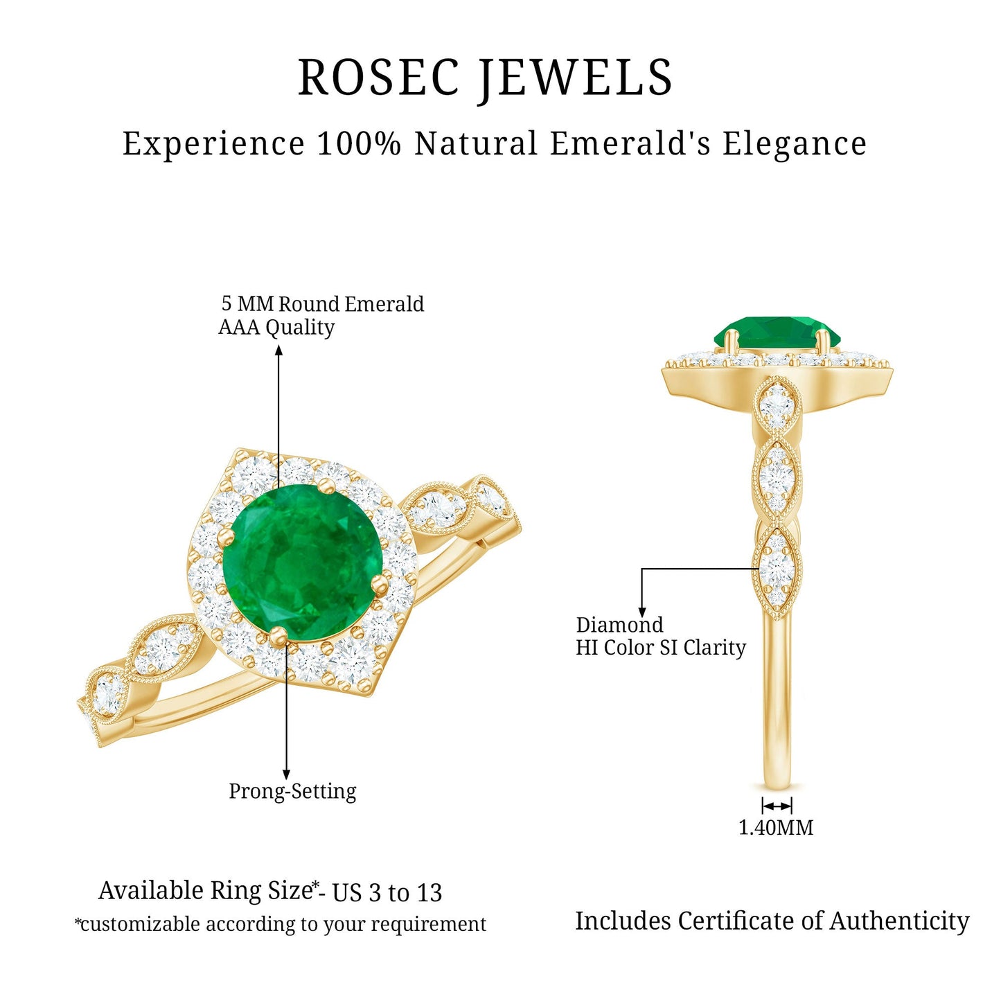 Natural Emerald Vintage Looking Engagement Ring with Diamond Halo