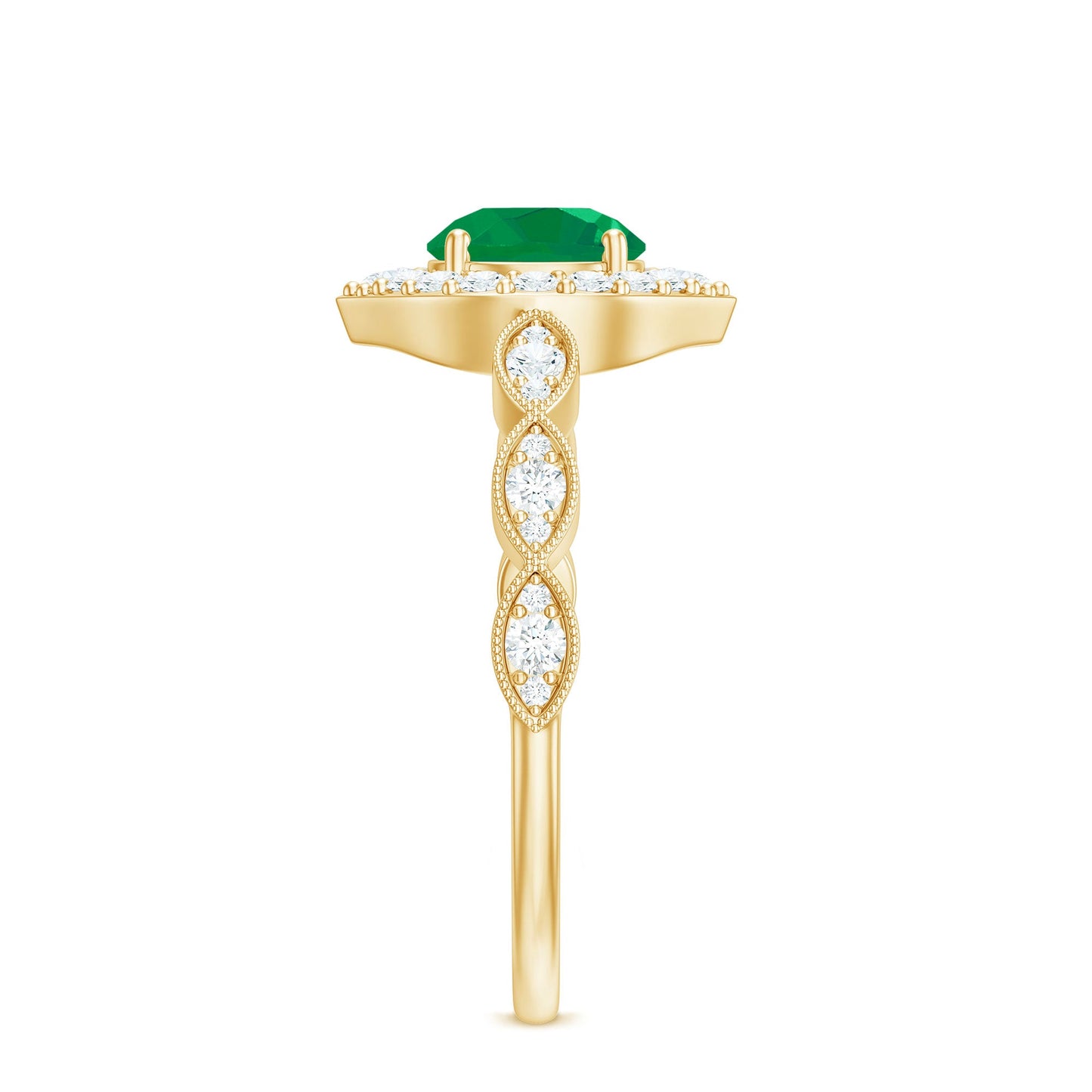 Natural Emerald Vintage Looking Engagement Ring with Diamond Halo