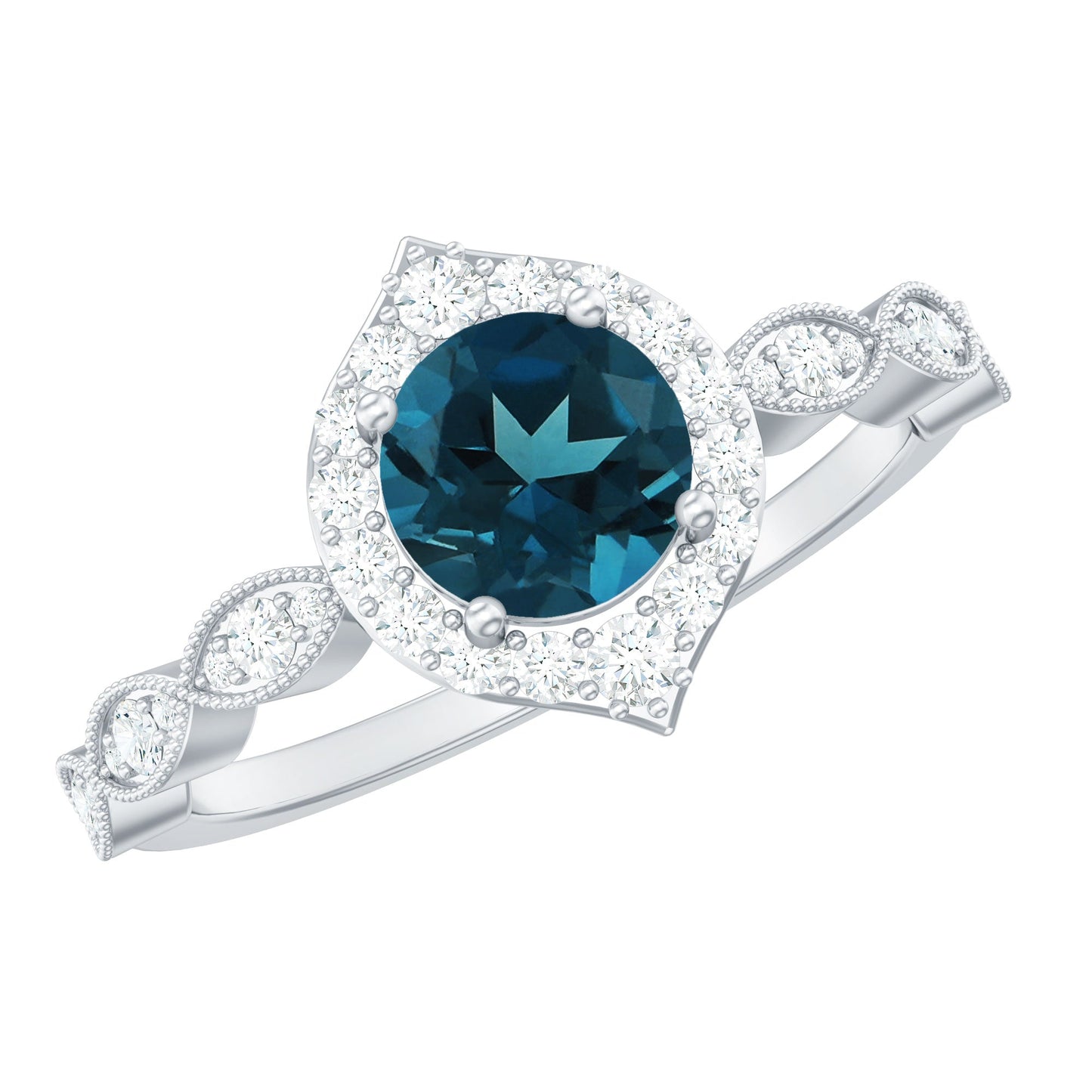 London Blue Topaz Vintage Halo Engagement Ring with Diamond