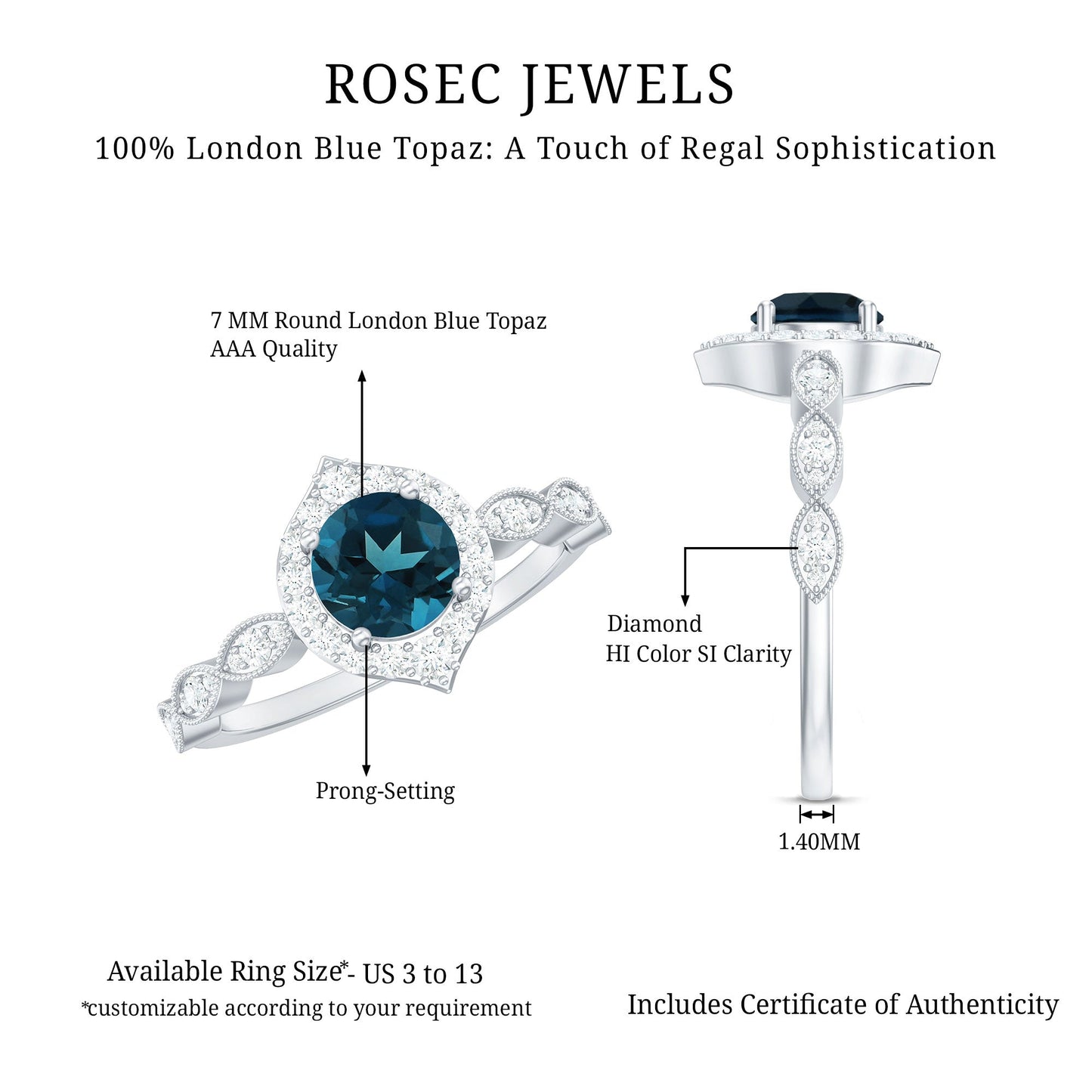 London Blue Topaz Vintage Halo Engagement Ring with Diamond