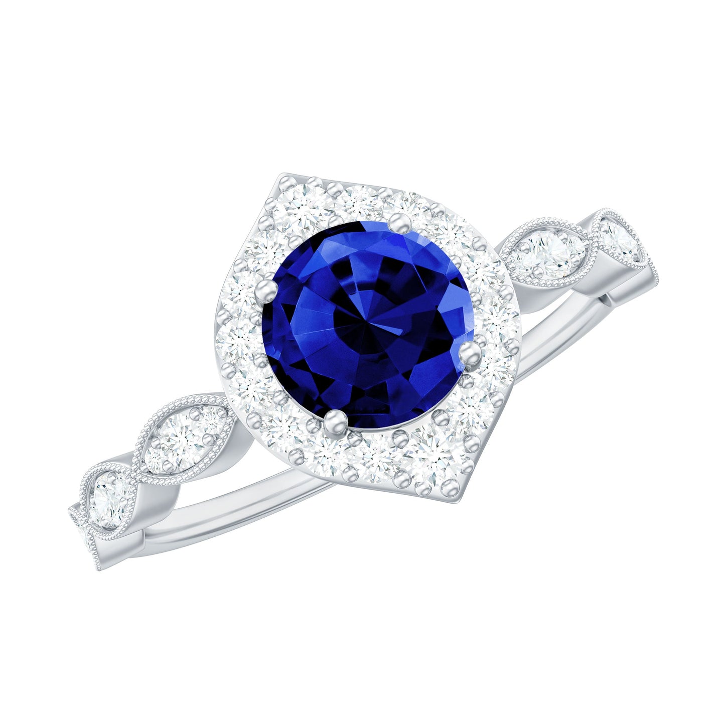 Vintage Inspired 1 Carat Lab Grown Blue Sapphire Engagement Ring with Diamond Halo