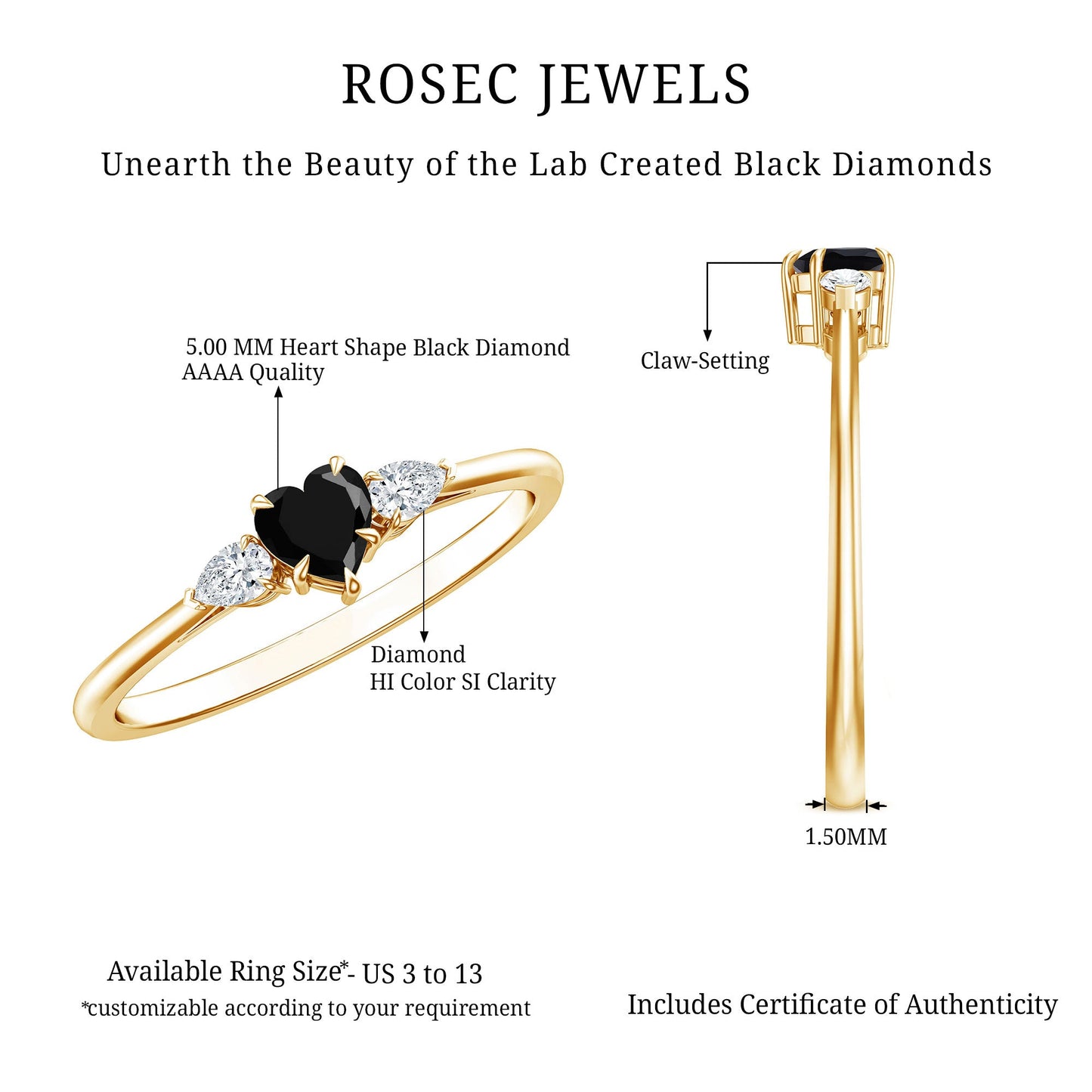 Certified Lab Grown Black Diamond Heart Promise Ring with White Diamond
