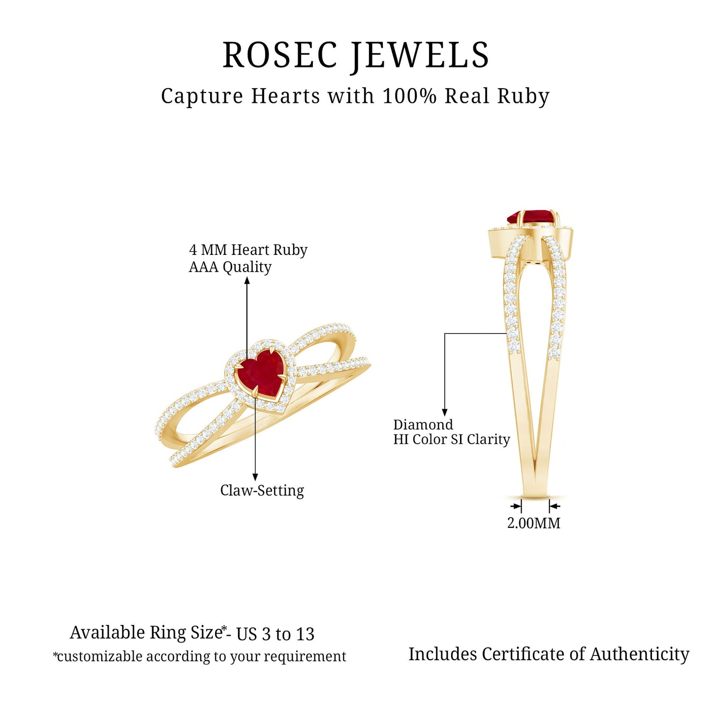 Natural Ruby Heart Engagement Ring with Diamond Split Shank