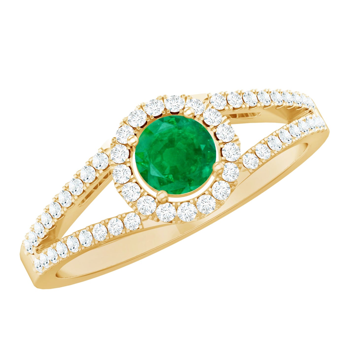 Classic Emerald Split Shank Engagement Ring with Diamond Halo