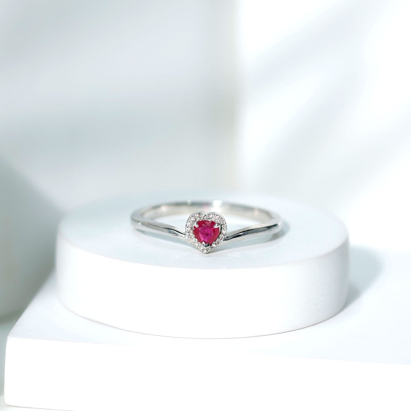 Genuine Half Carat Ruby Heart Promise Ring with Diamond Halo
