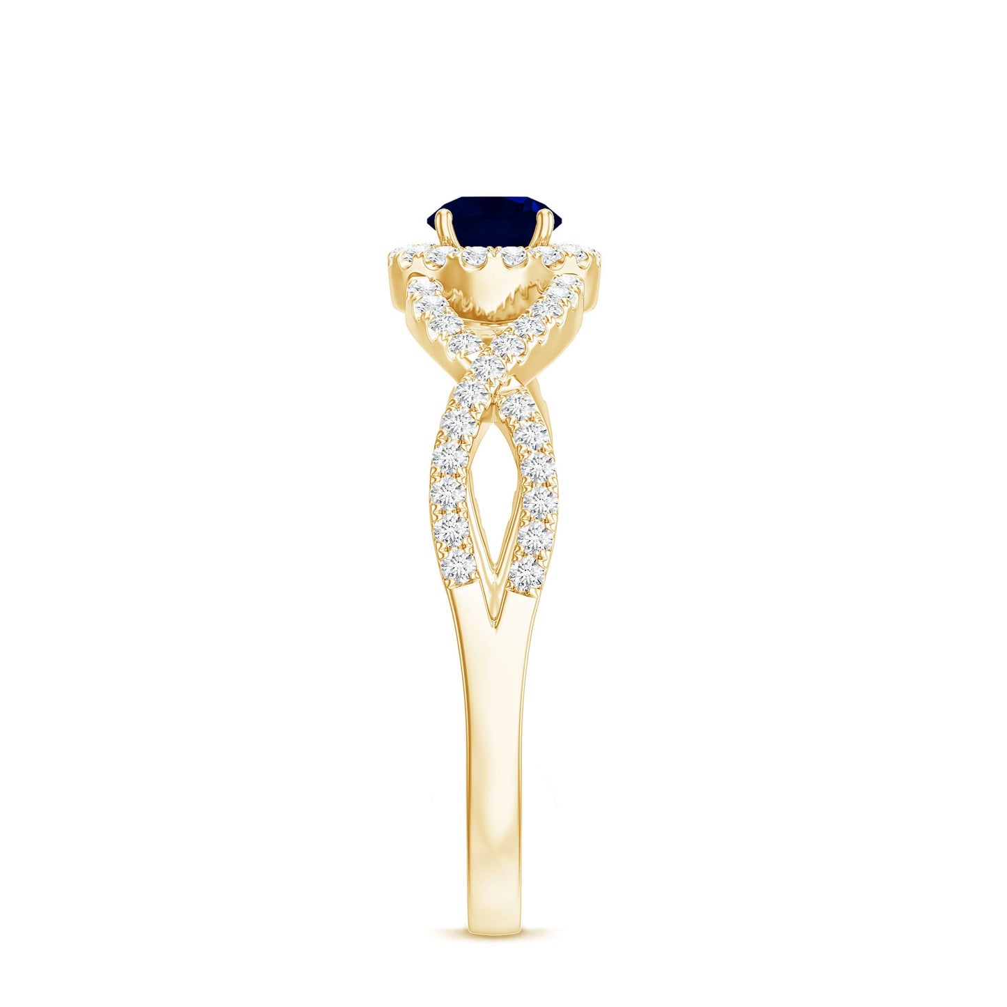Criss Cross Shank Blue Sapphire and Diamond Halo Engagement Ring