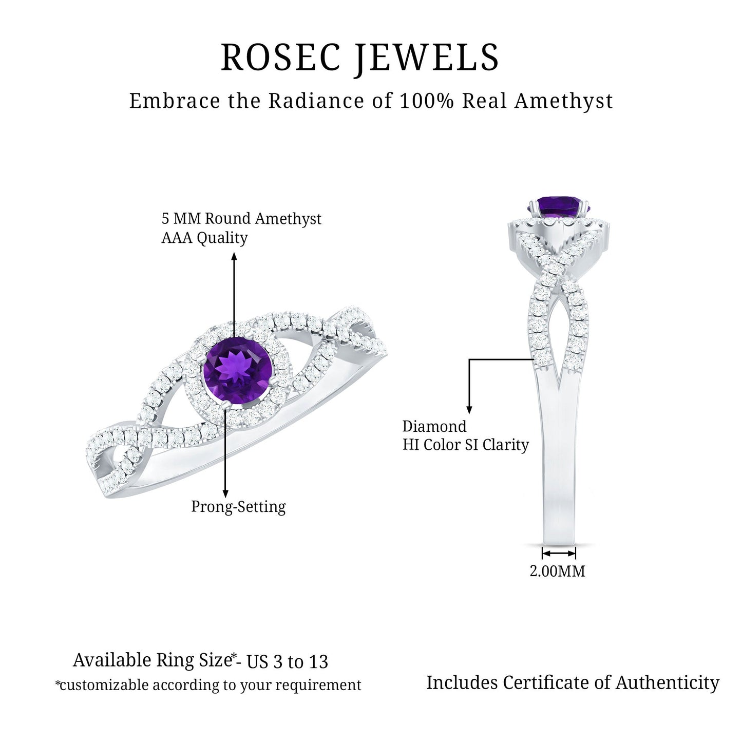 Real Amethyst Diamond Halo Engagement Ring with Criss Cross Shank
