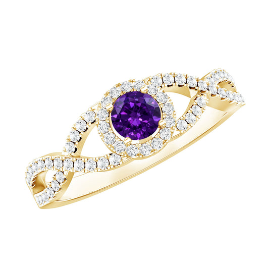 Real Amethyst Diamond Halo Engagement Ring with Criss Cross Shank