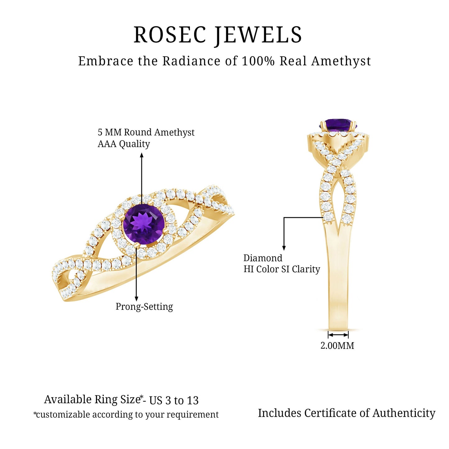 Real Amethyst Diamond Halo Engagement Ring with Criss Cross Shank