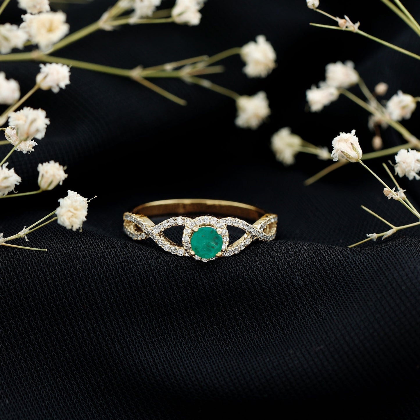 Real Emerald and Diamond Criss Cross Engagement Ring