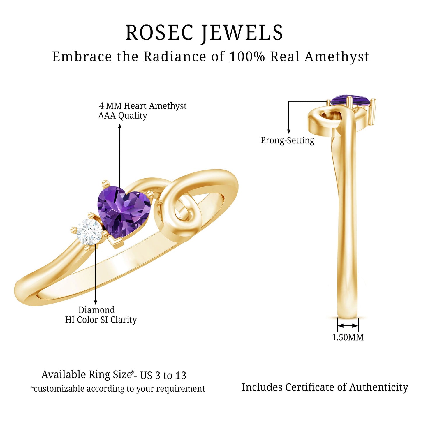 Heart Shape Real Amethyst and Diamond Twisted Promise Ring