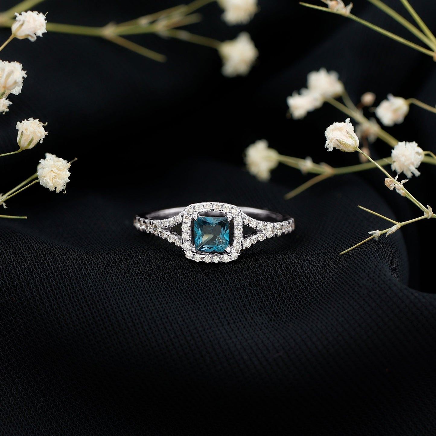 1 Carat Princess Cut London Blue Topaz Engagement Ring with Diamond Split Shank