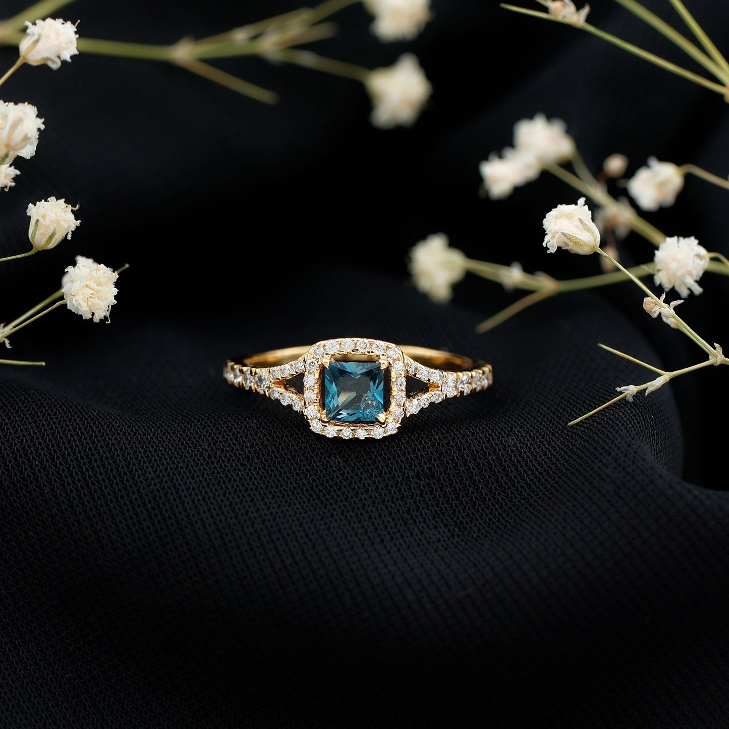 1 Carat Princess Cut London Blue Topaz Engagement Ring with Diamond Split Shank