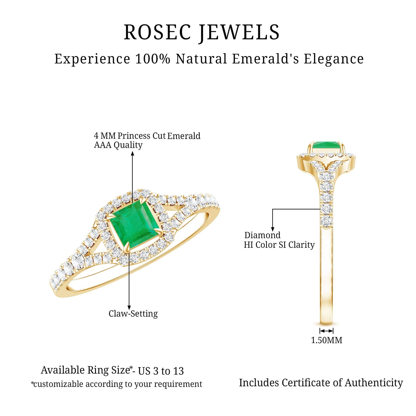 Princess Cut Emerald Engagement Ring with Diamond Split Shank