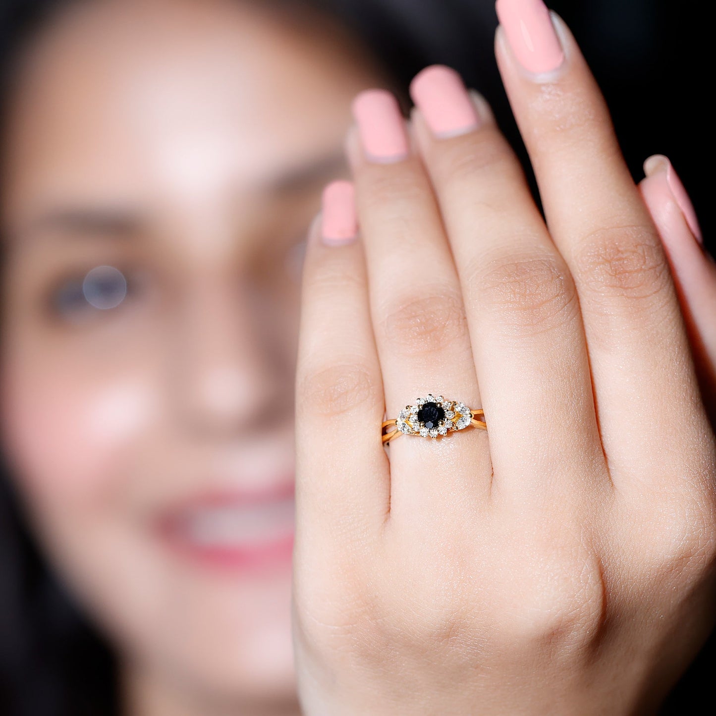 Natural Black Onyx and Diamond Floral Engagement Ring